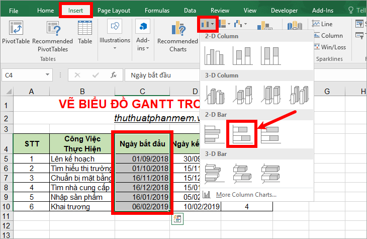 Hướng dẫn vẽ biểu đồ Gantt thể hiện tiến độ dự án trên Excel cực nhanh